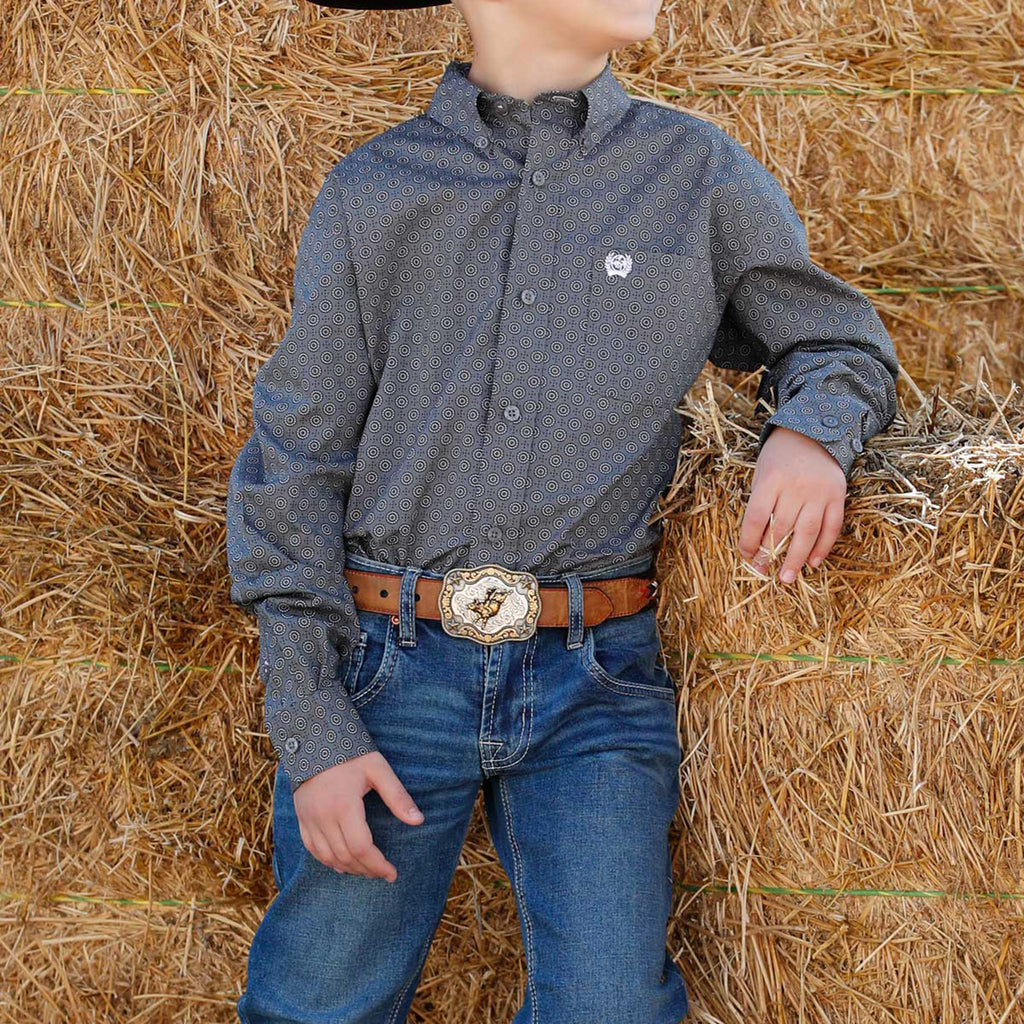 Cinch Western Shirt Boys Long Sleeve Circle Button -Gray