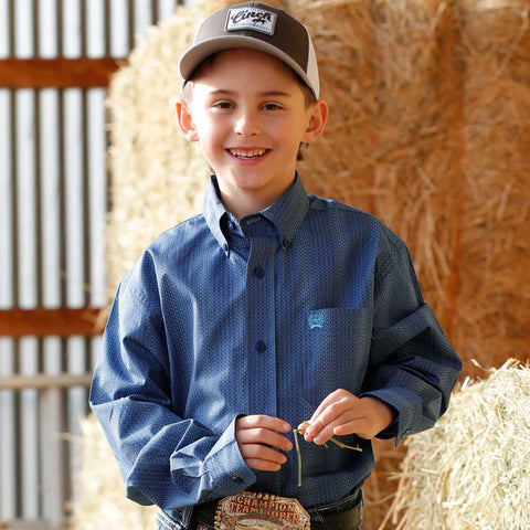 CINCH BOYS BLUE DIAMOND STRIPE BUTTON DOWN SHIRT
