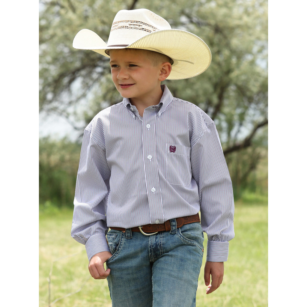 Boy in a Cowboy Hat Wearing a Cinch White/ Purple Striped Long Sleeve Shirt