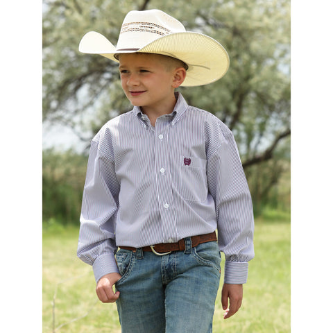 Boy in a Cowboy Hat Wearing a Cinch White/ Purple Striped Long Sleeve Shirt