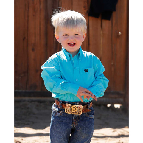 Solid Turquoise Button-up Single Pocket Long Sleeve Shirt