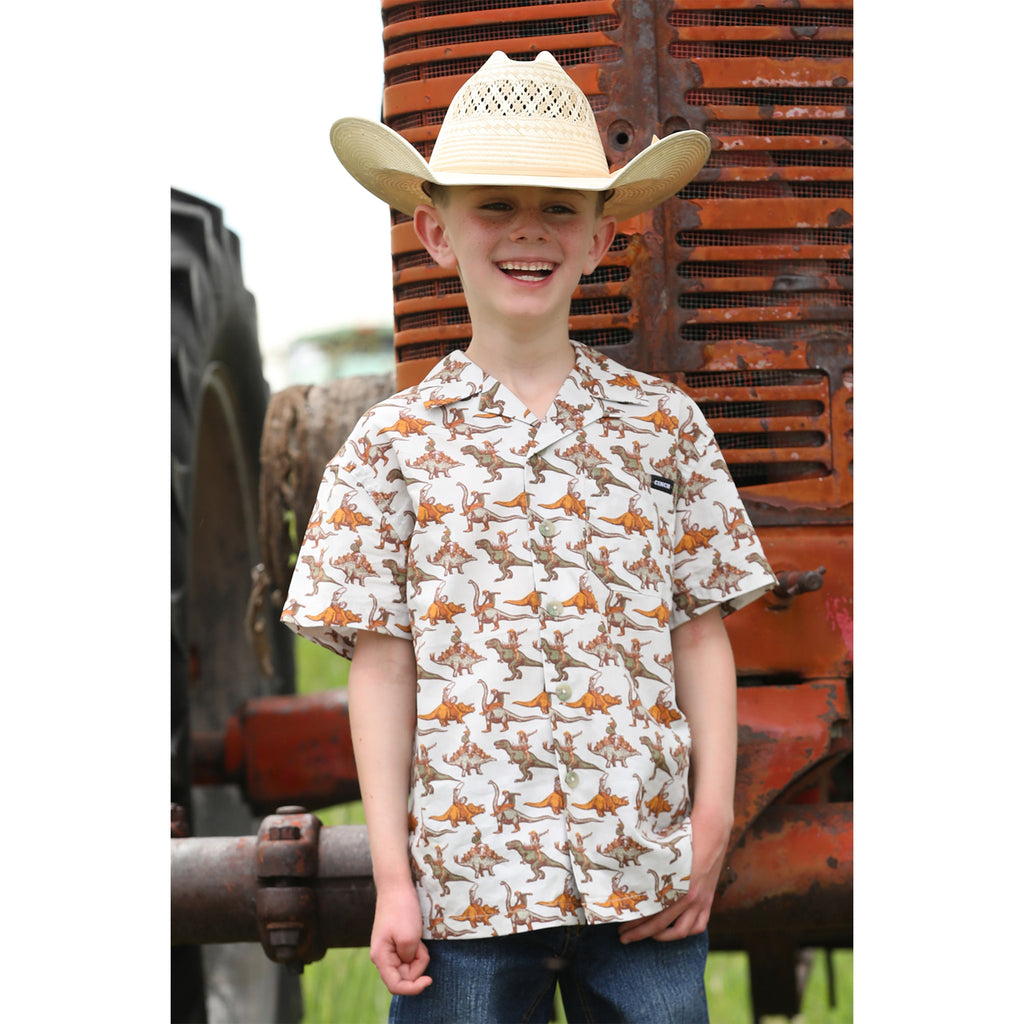 Cream Short Sleeve with Cowboys Riding Dinouars Print