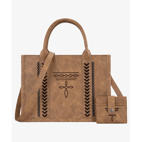 Light Brown tote with boot stitch and mini card wallet