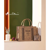 Lifestyle view of the light brown tote