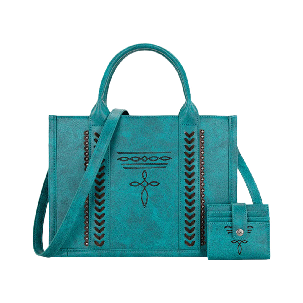 Turquoise Boot Stitch Tote Purse with Shoulder Strap and mini card wallet. 