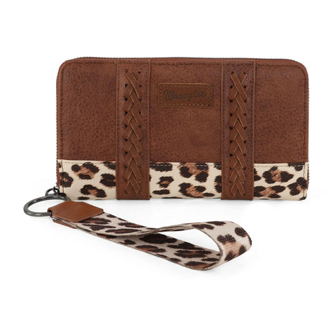 Front view of Wrangler Brown Leopard Print Wrist Wallet 