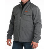 men's polyester herringbone jacket with snap cuffs and a leather logo patch, finished with a durable water repellent (DWR) coating angle view of pockets