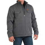 men's polyester herringbone jacket with snap cuffs and a leather logo patch, finished with a durable water repellent (DWR) coating and zip front