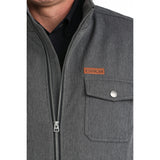 men's polyester herringbone jacket with snap cuffs and a leather logo patch, finished with a durable water repellent (DWR) coating with close up Cinch logo view