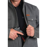 men's polyester herringbone jacket with snap cuffs and a leather logo patch, finished with a durable water repellent (DWR) coating view showing carry pocket