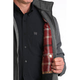 men's polyester herringbone jacket with snap cuffs and a leather logo patch, finished with a durable water repellent (DWR) coating view of inside lining