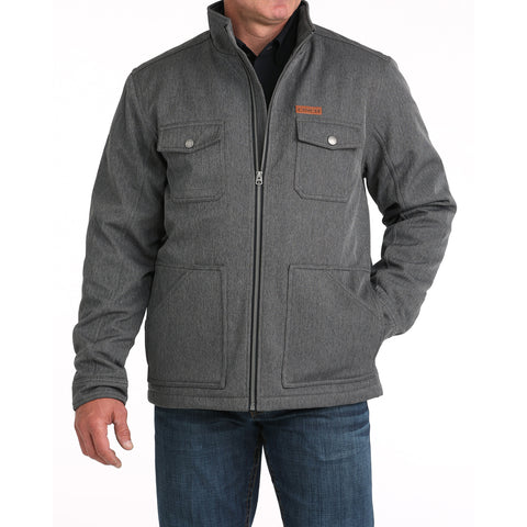men's polyester herringbone jacket with snap cuffs and a leather logo patch, finished with a durable water repellent (DWR) coating