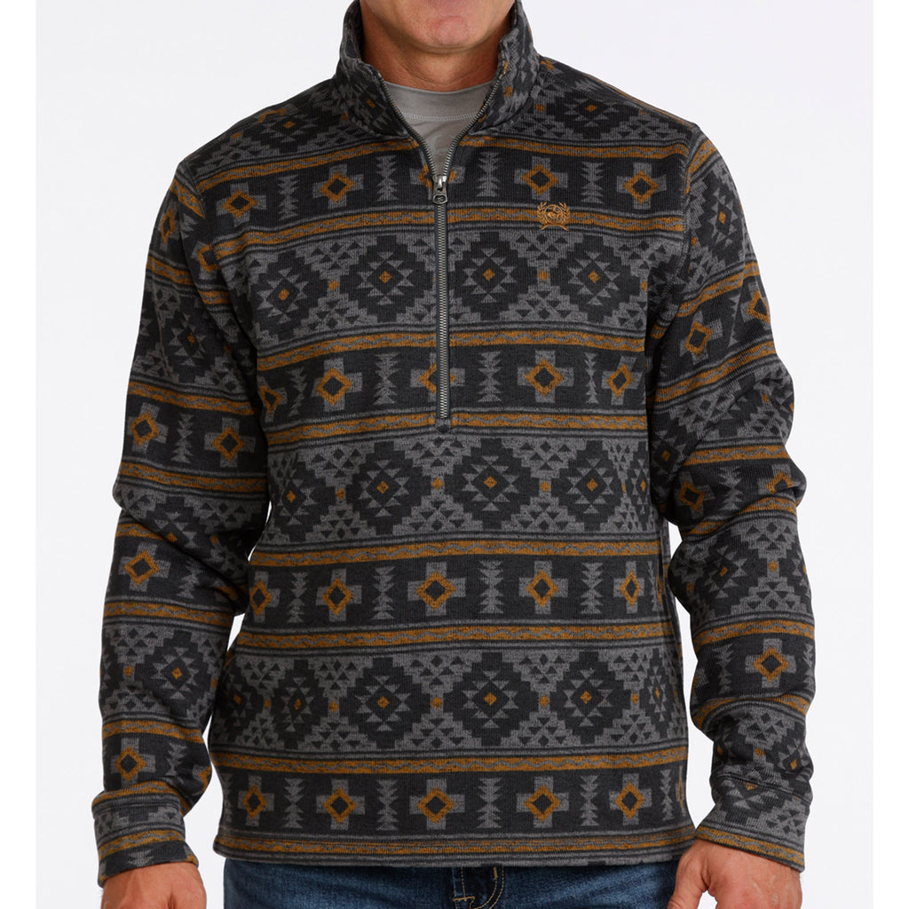 Full front view of Cinch Men's 1/2 Zip Charcoal & Brown Pullover 