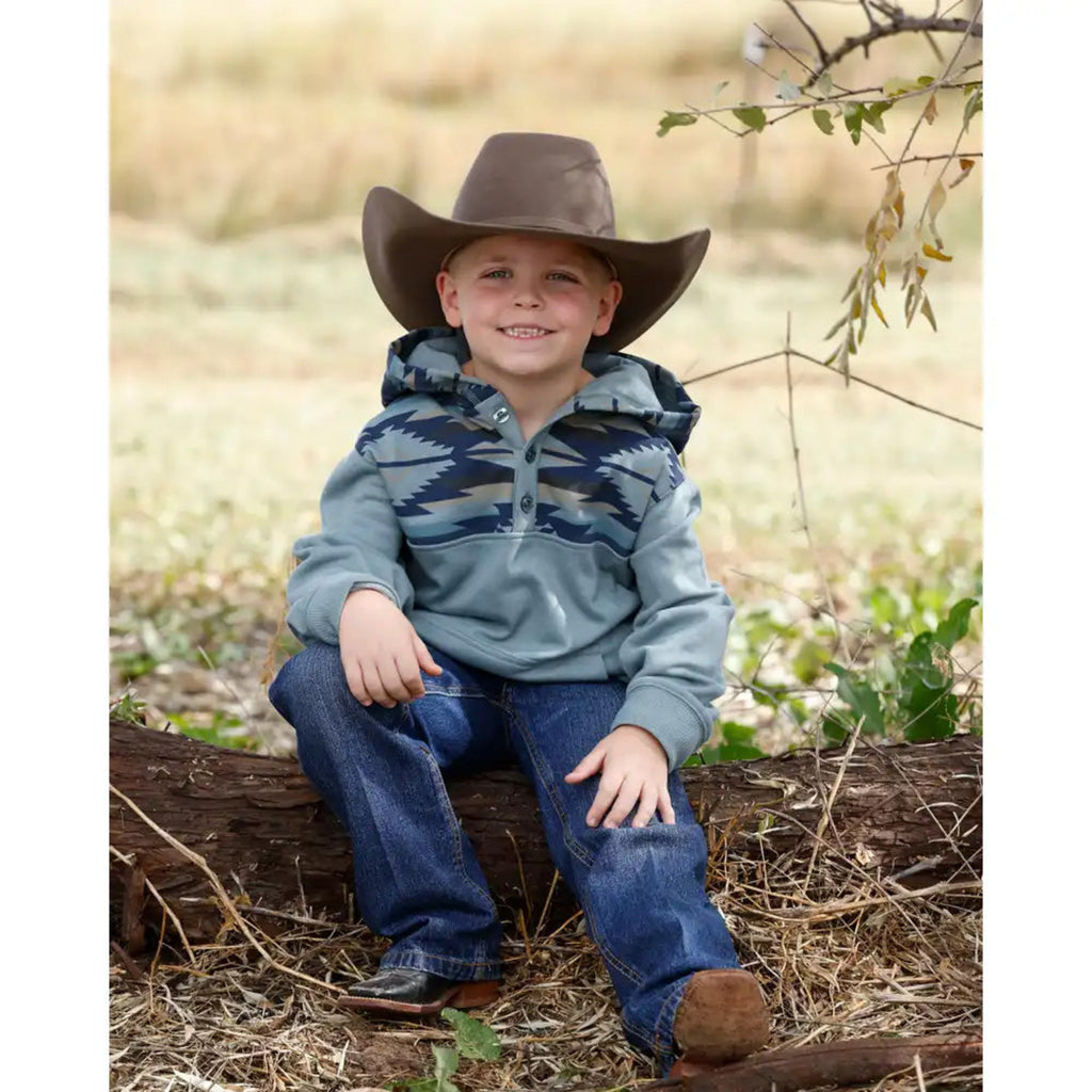 Cinch Youth Boy's Blue Aztec Border Hooded Pullover