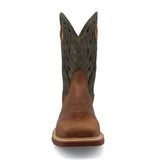 men's 12" western work boot with olive shaft and brown vamp and oil & slip resistant outsole front view