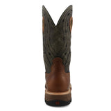 men's 12" western work boot with olive shaft and brown vamp and oil & slip resistant outsole back heel view