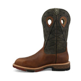 men's 12" western work boot with olive shaft and brown vamp and oil & slip resistant outsole left side view