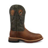 men's 12" western work boot with olive shaft and brown vamp and oil & slip resistant outsole side view