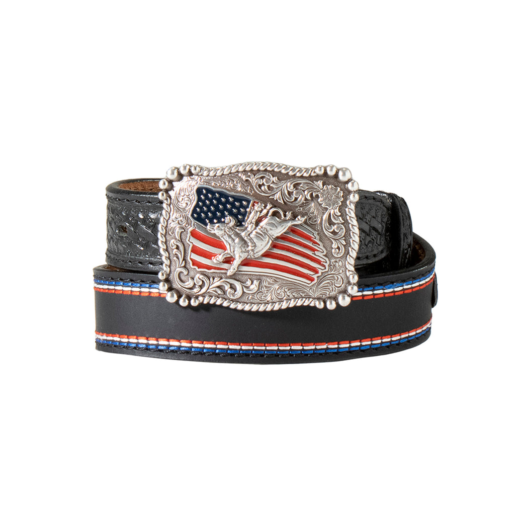 M&F Boy's American Flag Tooled Leather Belt-Front