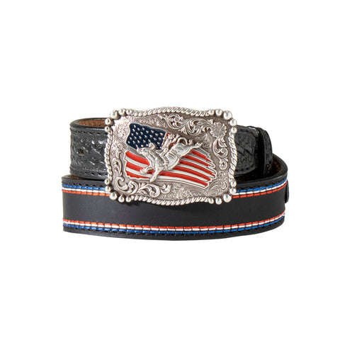 M&F Boy's American Flag Tooled Leather Belt-Front