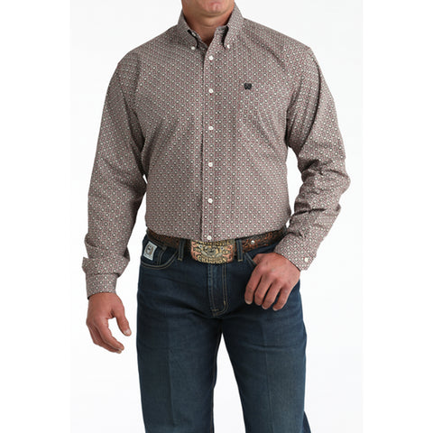 light burgundy geometric print long sleeve shirt, left chest pocket 