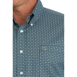 Close up of blue diamond print shirt.