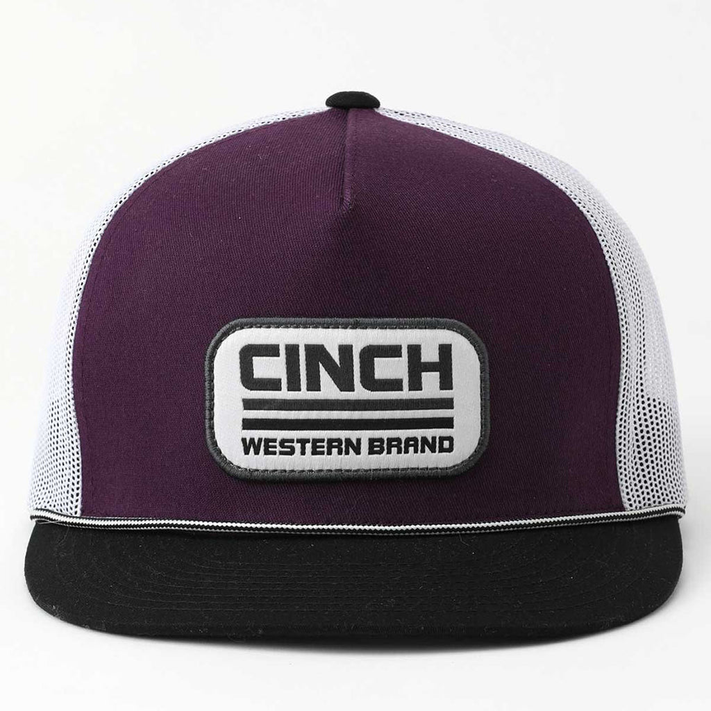 Cinch Logo on Purple front, White mesh, black and white rope, black bill snapback 