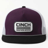 Cinch Logo on Purple front, White mesh, black and white rope, black bill snapback 