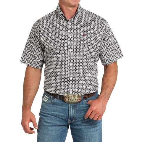 Diamond print short sleeve button, open pocket 