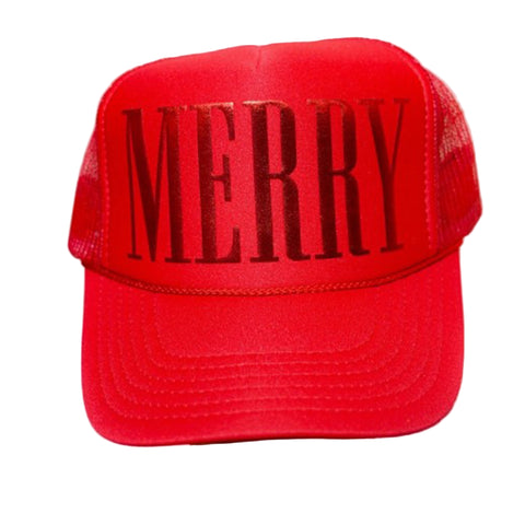 Red foam trucker cap with 'MERRY' text