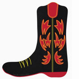 Black boot tin with red and yellow flame patterns on a white background