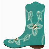 Teal boot-shaped tin with white floral designs