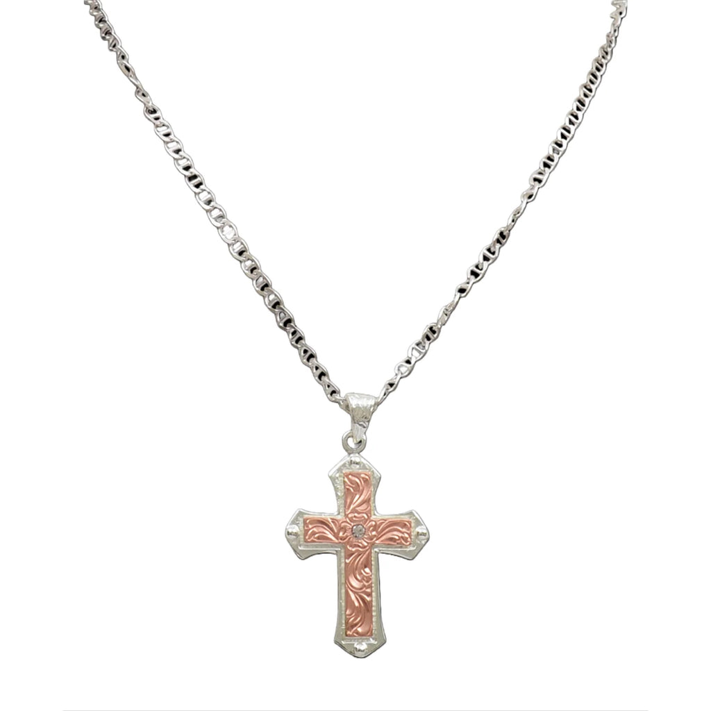 Close up view of Copper & Silver Cross Chain Necklace 