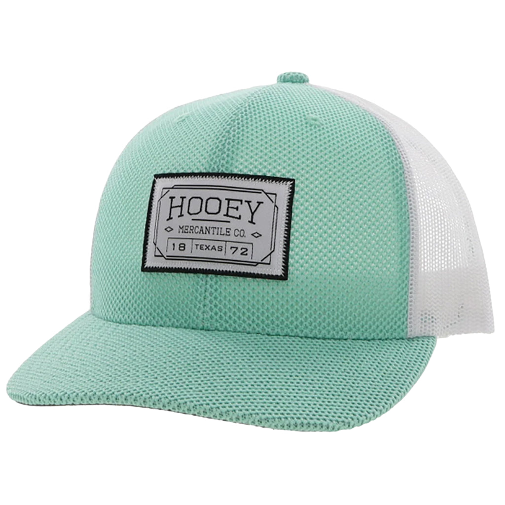 Textured teal hooey cap with black and white hooey patch on the front. 