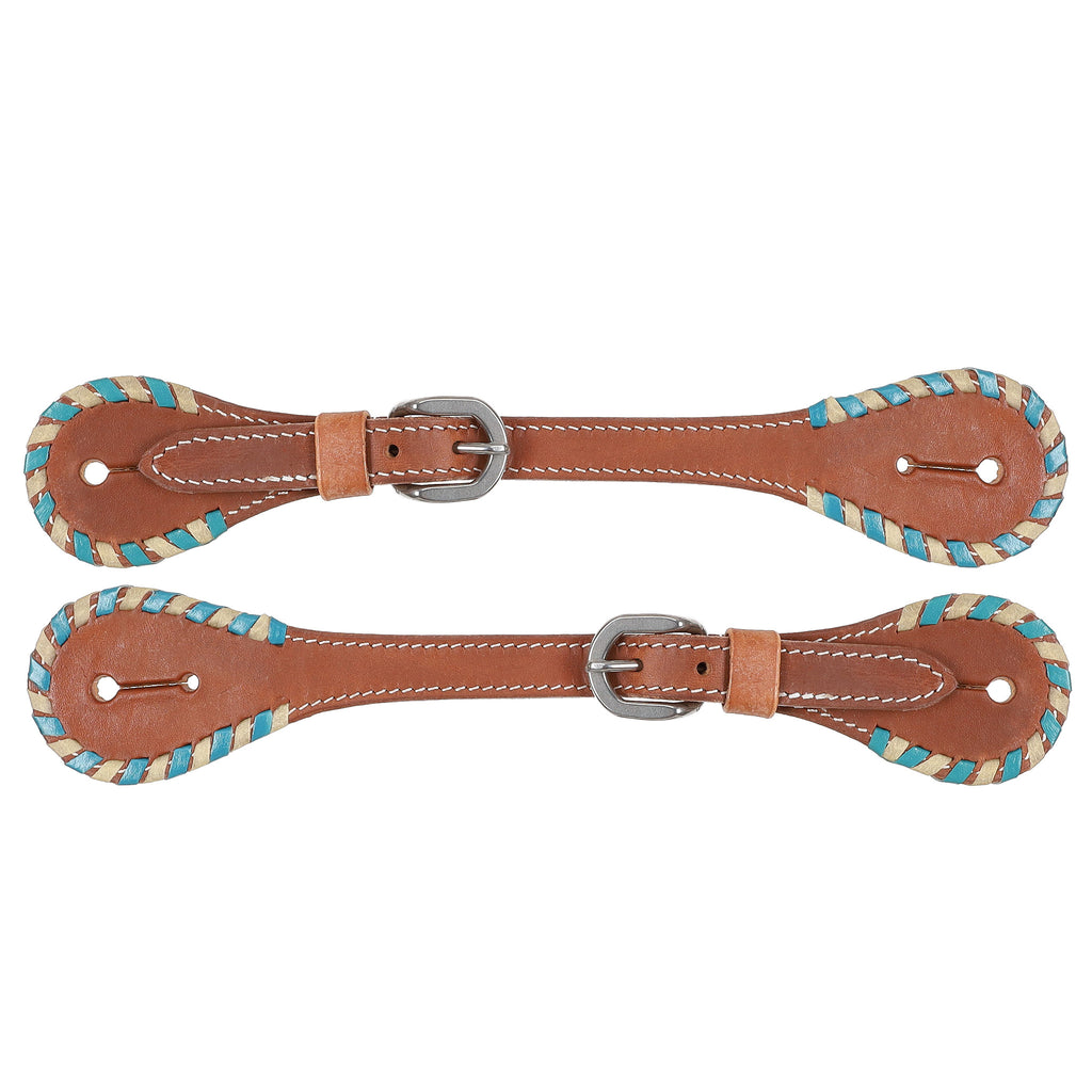 Light Brown leather spur strapws with white and teal rawhide trimming