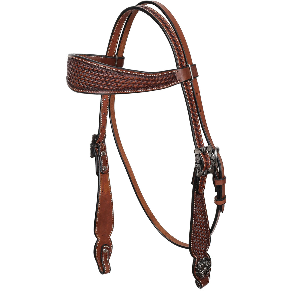 Full view of Showman Classic Basket Leather Browband Headstall 