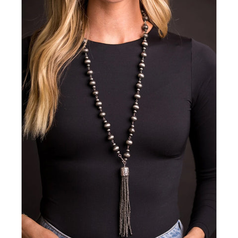 Full view of Faux Navajo Pearl Tassle Necklace 
