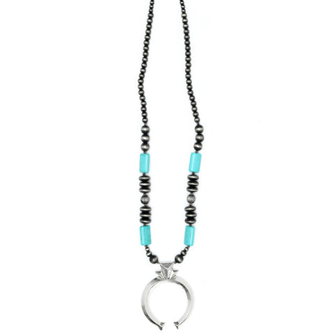 32" Faux Navajo Pearl and Turquoise Necklace with Large Naja Pendant

