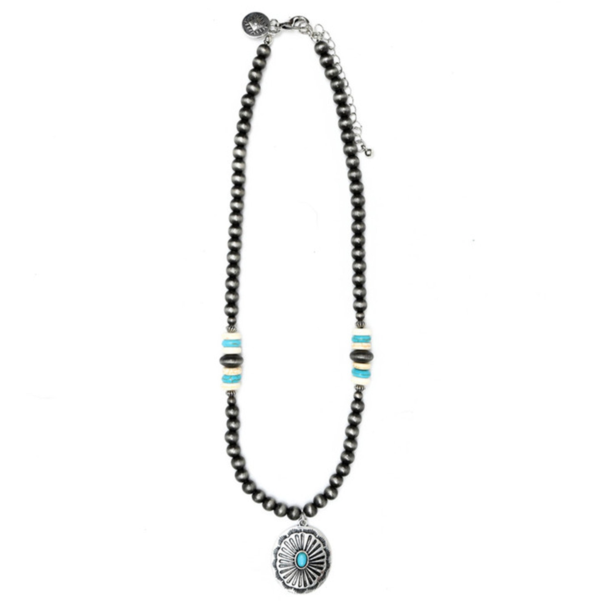 Collier Navajo Turquoise Et Onyx Perlé - Fermoir Argent - Fait Main Aux États-Unis