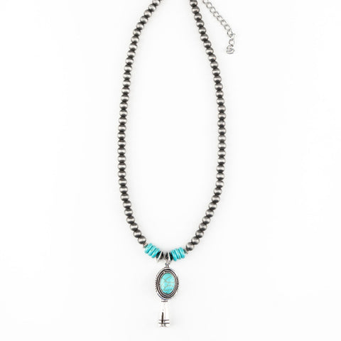 18" Faux Navajo Pearl Necklace with Turquoise Blossom Pendant

