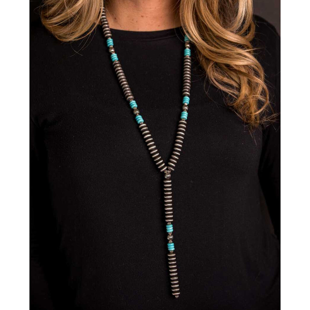 27" w/ 6" Tail Faux Navajo Pearl Disc Beaded Y Necklace with Turquoise Beaded Accents