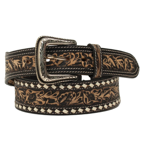 Nocona Men's Floral Tooled Buckstitch Distressed Black Belt