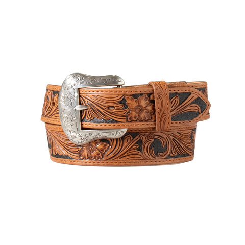 Nocona Men's Belt 1 1/2" Hand Tooled Floral Black Inlay Tan