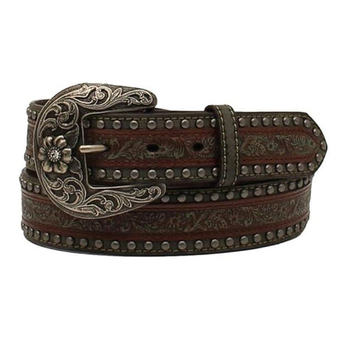 Nocona Western Women's Brown Belt Leather Embossed With Floral & Studs