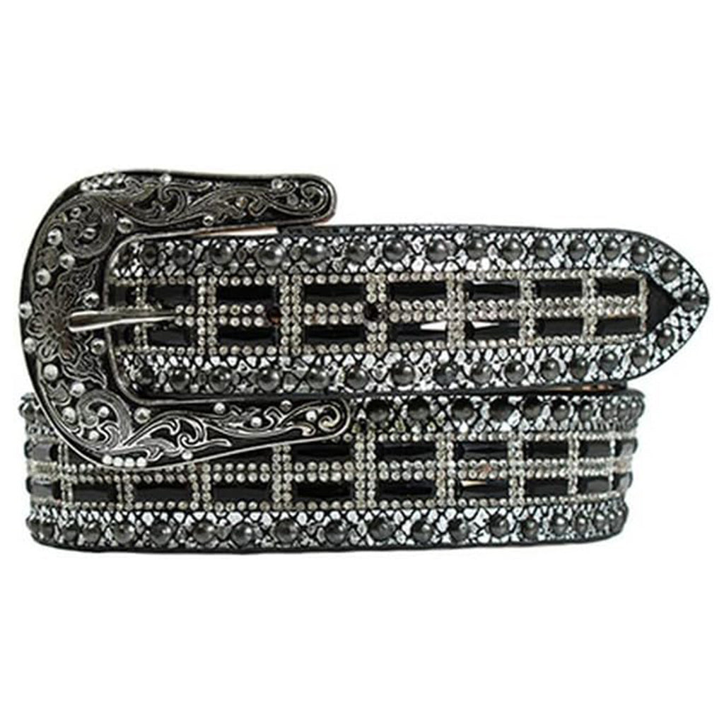 Nocona - Ladies Belt, Metallic Lizard, Studs, Crystals on Black Leather