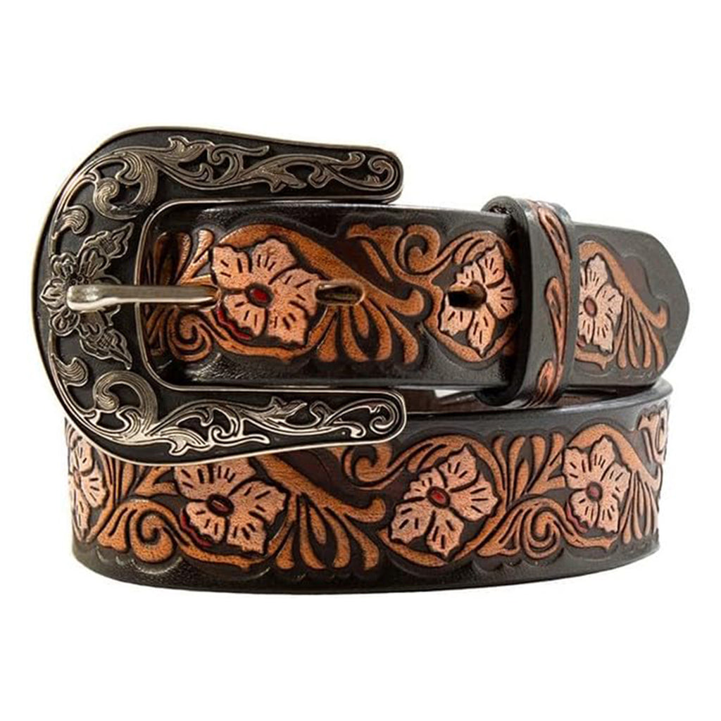 Hand Tooled Black and Brown Floral Belt