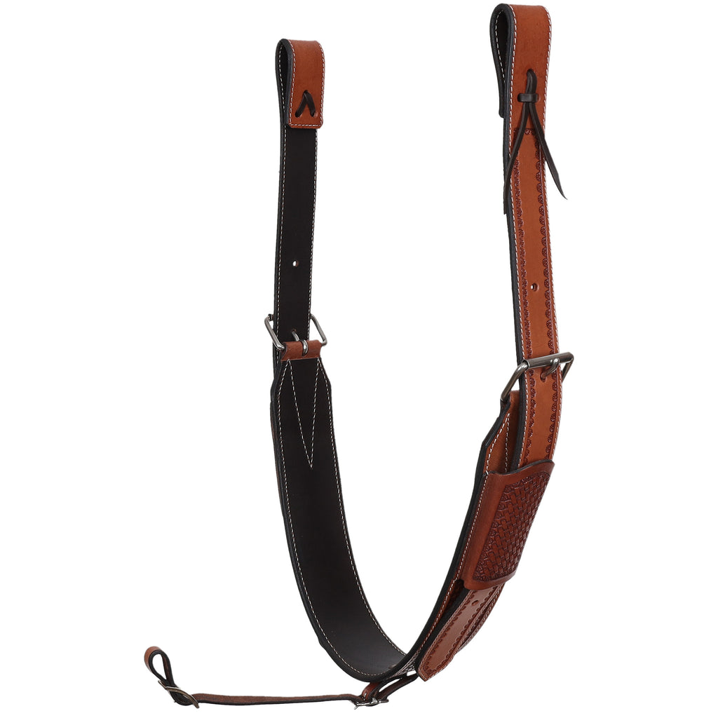 Draped view of Showman Argentina Cow Leather basket Tooled Back-rigging