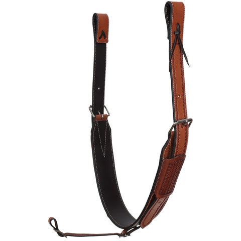 Draped view of Showman Argentina Cow Leather basket Tooled Back-rigging