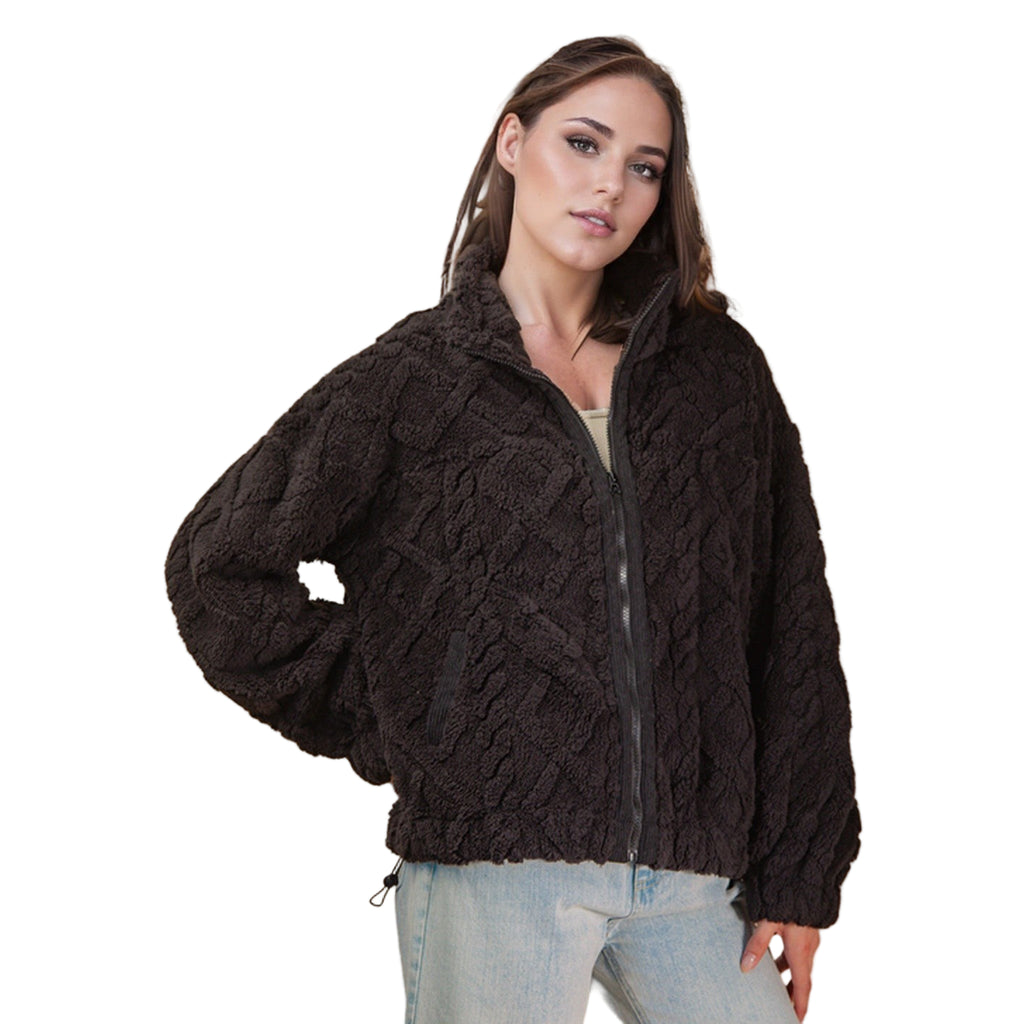 Black Teddy Cable Knit Fleece Jacket