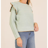 women's jade colored sweater with ruffle trim and brown stitching detail side view